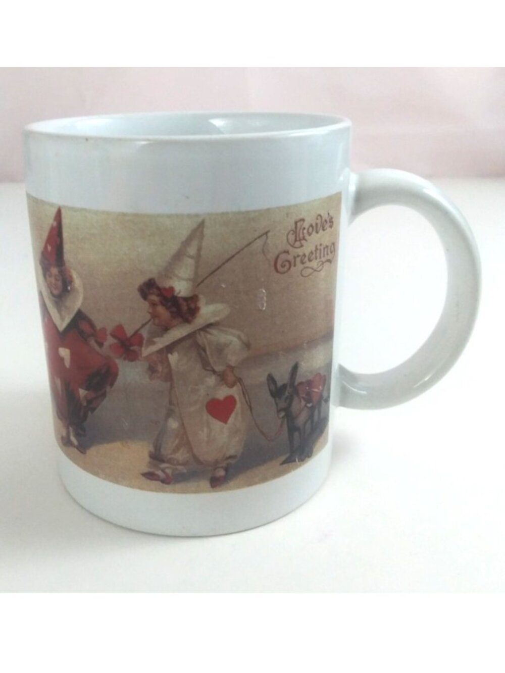 Vintage Loves Greetings Victorian Valentine Clowns Design Coffee Cup